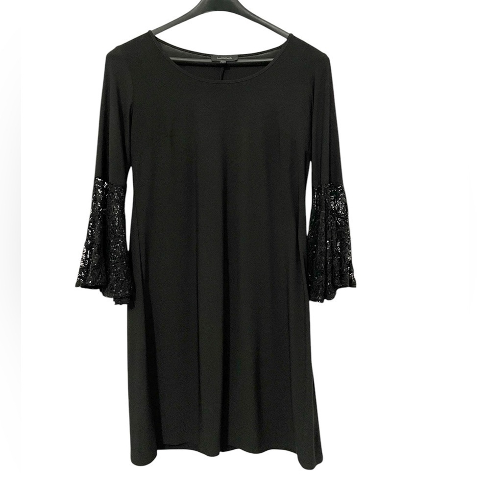 Black Cocktail Party Dress with Sheer Sequins Bell Sleeves Size 8
